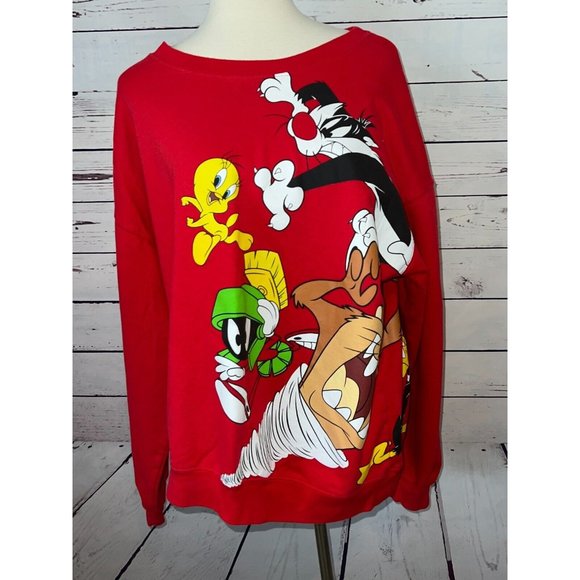 Looney Tunes Sweatshirt Pullover Red XXL 2XL 2X 19 Red Vintage Double Sided - Picture 9 of 11